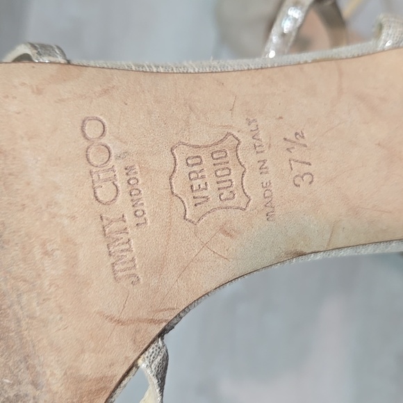 Jimmy Choo WomenElegant Strappy Heels in Shimmering Gold Sandals Shoes 37.5/7.5 - Picture 13 of 14
